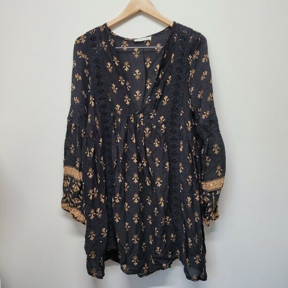 Honey Punch Dresses & Skirts - Honey Punch Black Brown Tan Floral Long Sleeve Mini Dress Size Medium Boho